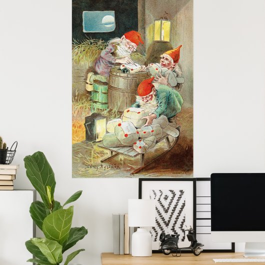 Vintage Kerstman Elf Gnoom geschenken Poster (Thuiskantoor)