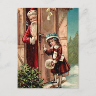 Vintage Kerstman en een meisje Feestdagenkaart
