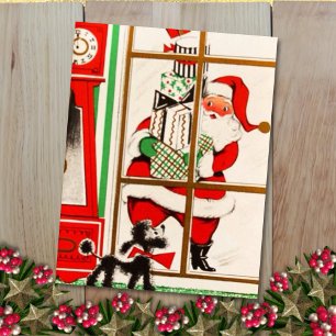 Vintage Kerstman en hond Feestdagenkaart