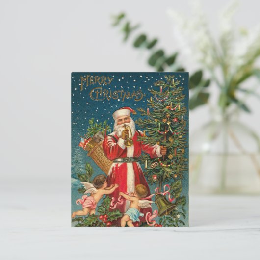 Vintage Kerstman en Kerstboom Feestdagenkaart (Staand voorkant)