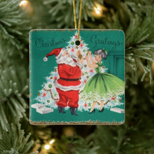 Vintage kerstman en meisjes die de boom decorteren keramisch ornament