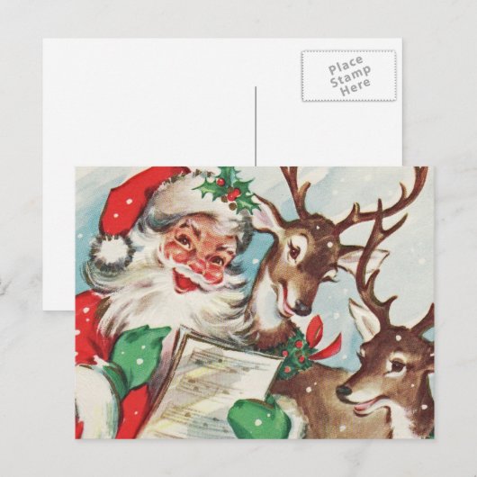 Vintage Kerstman en Rendier Feestdagenkaart (Voorkant / Achterkant)