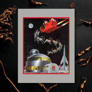 Vintage kerstman en rendier in de ruimte feestdagenkaart