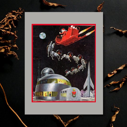 Vintage kerstman en rendier in de ruimte feestdagenkaart