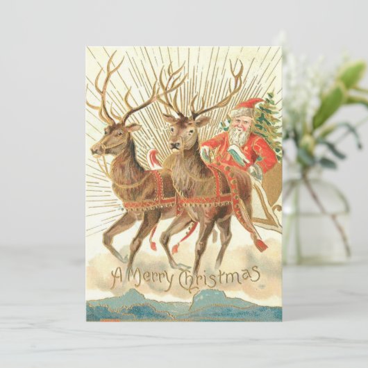 Vintage kerstman en rendier vakantie Kaart (Staand voorkant)