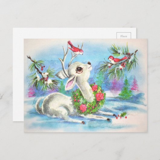 Vintage kerstman en vogels feestdagenkaart (Voorkant / Achterkant)