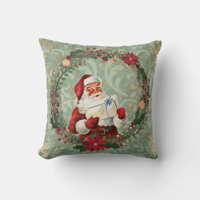 Vintage Kerstman en Wreath Kussen (Voorkant)