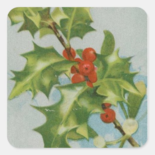 Vintage Kerstman Holly Artwork Vierkante Sticker (Voorkant)