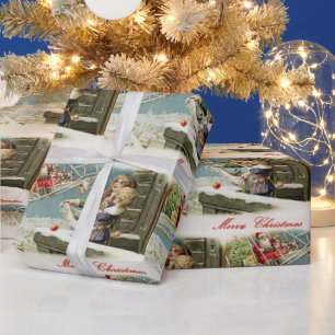 Vintage kerstman in het vliegtuig en Kinderen Cadeaupapier