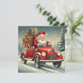 Vintage Kerstman in Rode Auto Feestdagenkaart (Staand voorkant)
