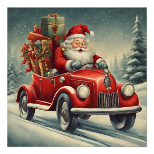 Vintage Kerstman in Rode Auto Perfect Poster