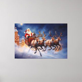 Vintage Kerstman in Sleigh Flying Canvas Afdruk