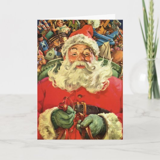 Vintage Kerstman in Sleigh met Speelgoed Feestdagen Kaart (Voorkant)
