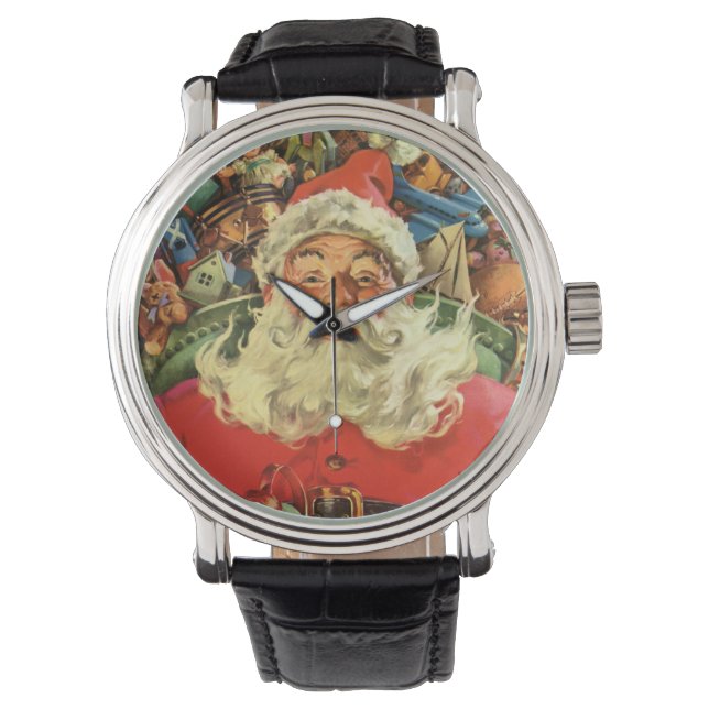 Vintage Kerstman in Sleigh met Speelgoed Horloge (Voorkant)