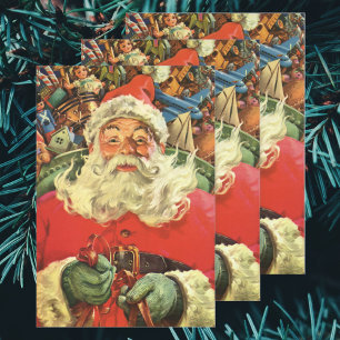 Vintage Kerstman in Sleigh met Speelgoed Inpakpapier Vel