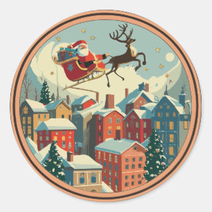 Vintage Kerstman in zijn slee over een stad Ronde Sticker