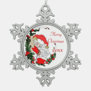 Vintage kerstman-kerstman die om Holly kijkt Tin Sneeuwvlok Ornament