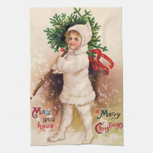 Vintage Kerstman Kind en boomhanddoek Theedoek