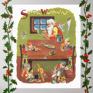 Vintage kerstman met Elves in de workshop Poster