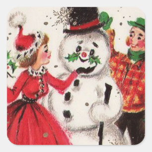 Vintage kerstman met familie vierkante sticker