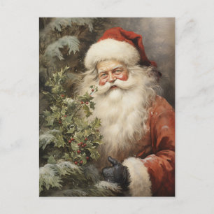 Vintage Kerstman met Holly Berry Feestdagenkaart
