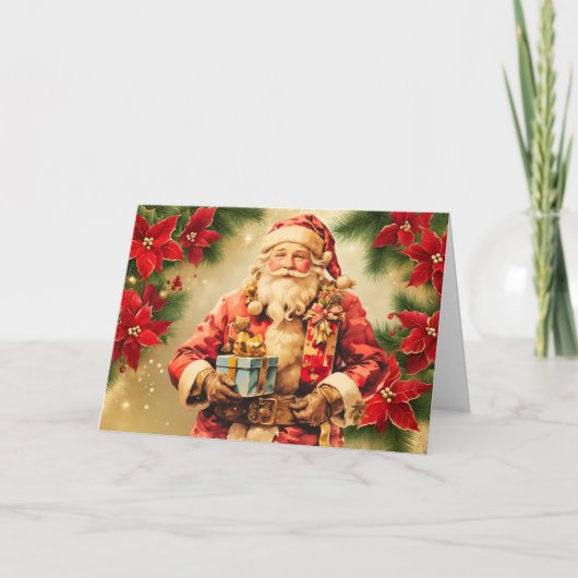 Vintage Kerstman met Poinsettia Feestdagen Kaart (Voorkant)