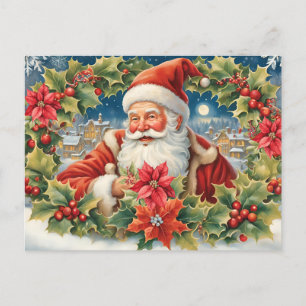 Vintage Kerstman met Poinsettia krans Feestdagenkaart