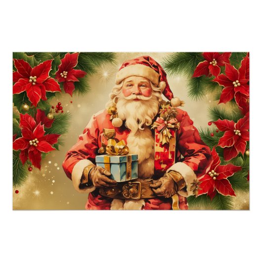 Vintage Kerstman met Poinsettia Perfect Poster (Voorkant)