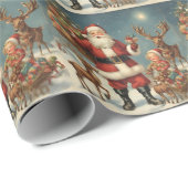 Vintage Kerstman met rendieren & Cadeaus Cadeaupapier (Rol Hoek)