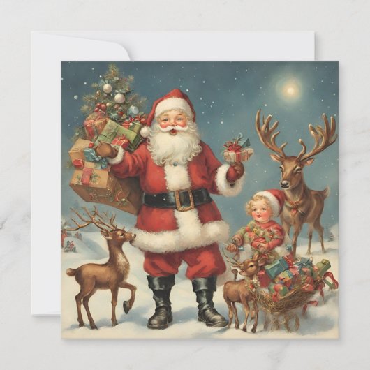 Vintage Kerstman met rendieren & Cadeaus Kaart (Voorkant)