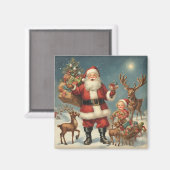 Vintage Kerstman met rendieren & Cadeaus Magneet (Voorkant / Achterkant)