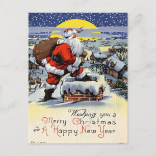 Vintage Kerstman op besneeuwd dak Briefkaart