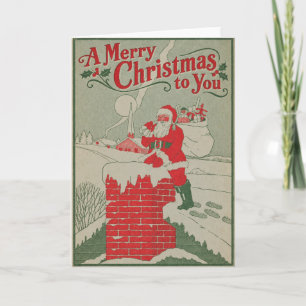 Vintage Kerstman op besneeuwde schoorsteen Feestdagen Kaart