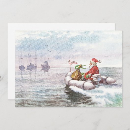 Vintage Kerstman op boot Feestdagenkaart (Voorkant / Achterkant)