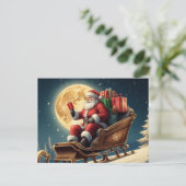 Vintage Kerstman op de Sleigh, Volle Maan Feestdagenkaart (Staand voorkant)