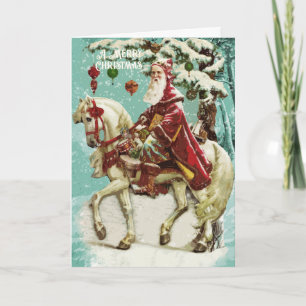 Vintage kerstman op paardenboom en speelgoed kaart