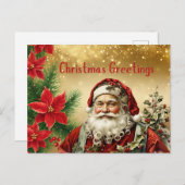 Vintage Kerstman, Rode Poinsettia Feestdagenkaart (Voorkant / Achterkant)