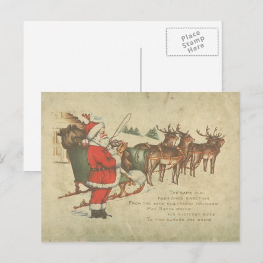 Vintage Kerstman Sleigh Reindeer Vakantie Feestdagenkaart (Voorkant / Achterkant)