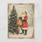 Vintage Kerstman, sneeuw en boom Feestdagenkaart (Voorkant)