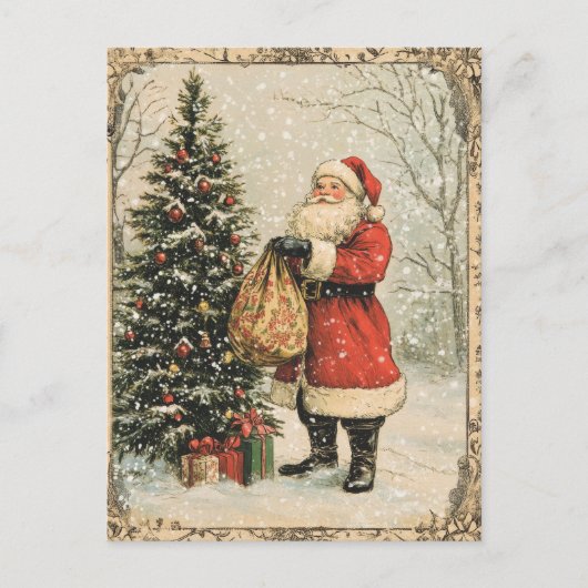 Vintage Kerstman, sneeuw en boom Feestdagenkaart (Voorkant)