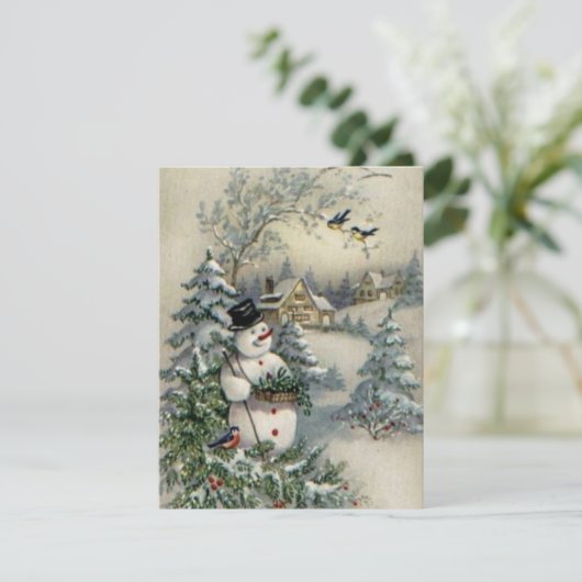 Vintage Kerstman Snowman Picking Holly Feestdagenkaart (Staand voorkant)