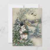 Vintage Kerstman Snowman Picking Holly Feestdagenkaart (Voorkant)