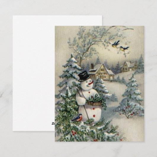 Vintage Kerstman Snowman Picking Holly Feestdagenkaart (Voorkant / Achterkant)