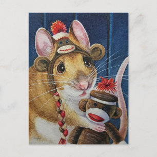 Vintage-kerstman Speelgoed Sock Monkey Mouse Art Briefkaart