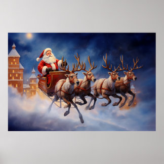 Vintage Kerstman Vliegen in Sleigh Poster