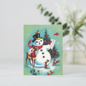 Vintage kerstman zingt naar dieren feestdagenkaart (Staand voorkant)