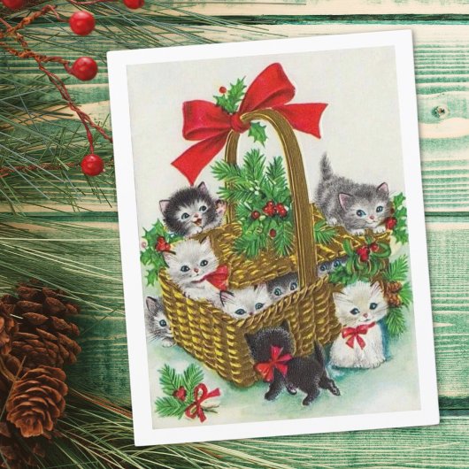 Vintage kerstmand vol Kittens Feestdagenkaart