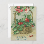 Vintage kerstmandje met Holly Feestdagenkaart (Voorkant / Achterkant)