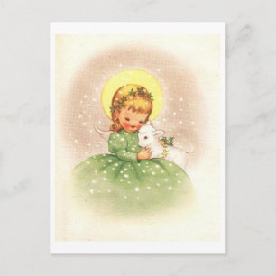 Vintage-kerstmangel-meisje met Baby Lamb Feestdagenkaart