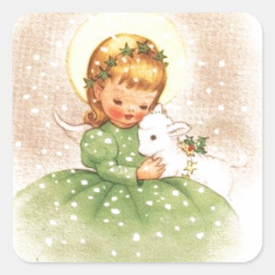 Vintage-kerstmangel-meisje met Baby Lamb Vierkante Sticker